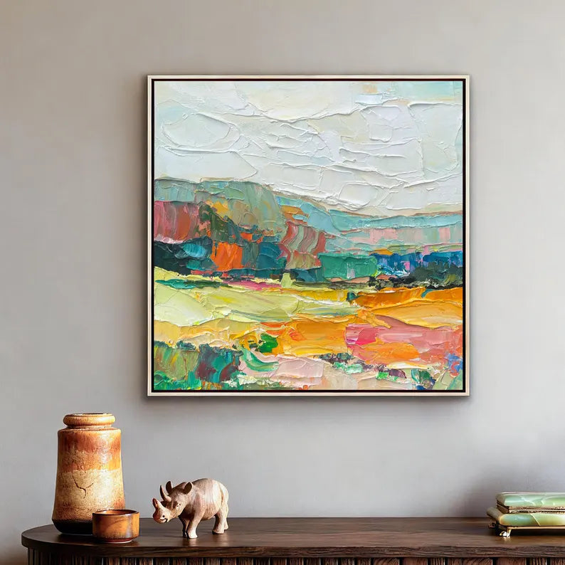 Colorful Textured Abstract Landscape Wall Art – Modern Palette Knife Canvas Painting for Living Room Decor