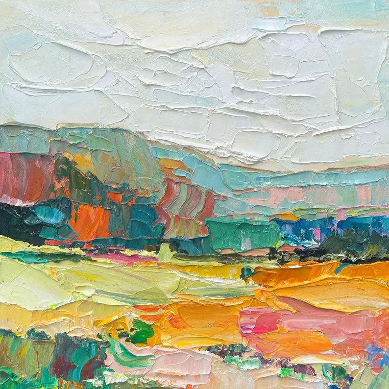 Colorful Textured Abstract Landscape Wall Art – Modern Palette Knife Canvas Painting for Living Room Decor