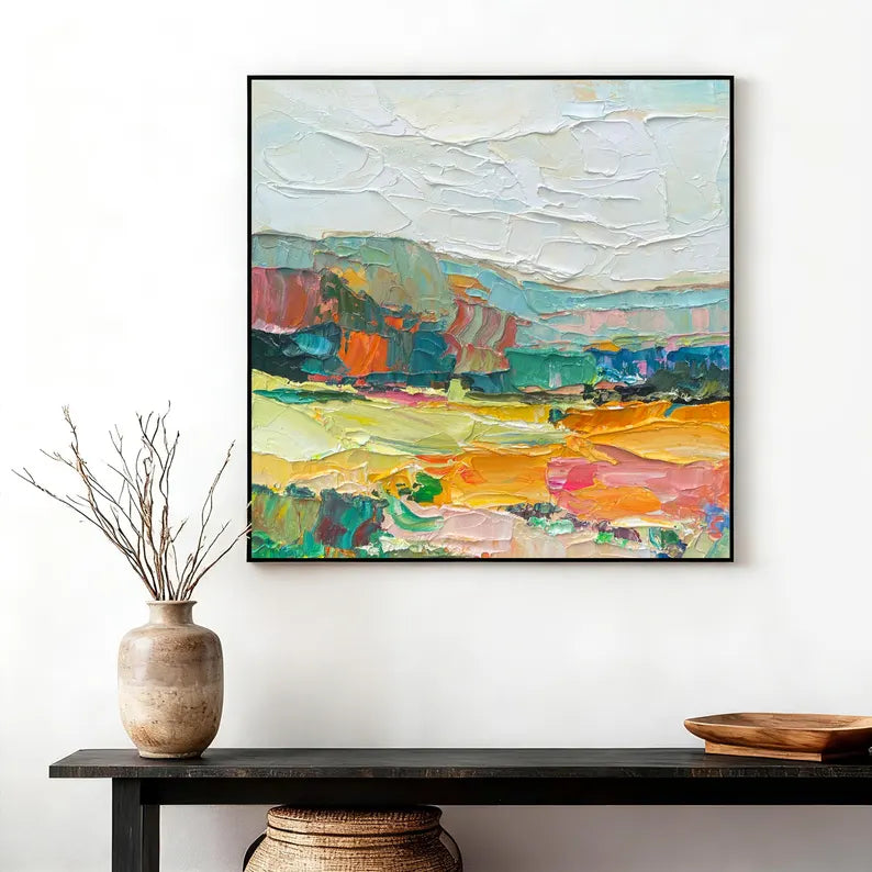 Colorful Textured Abstract Landscape Wall Art – Modern Palette Knife Canvas Painting for Living Room Decor