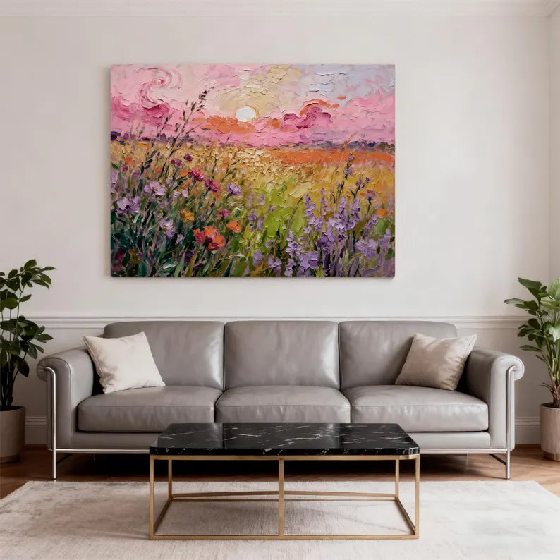 Large Wildflower Sunset Landscape Wall Art – Colorful Floral Field Oil Painting Canvas