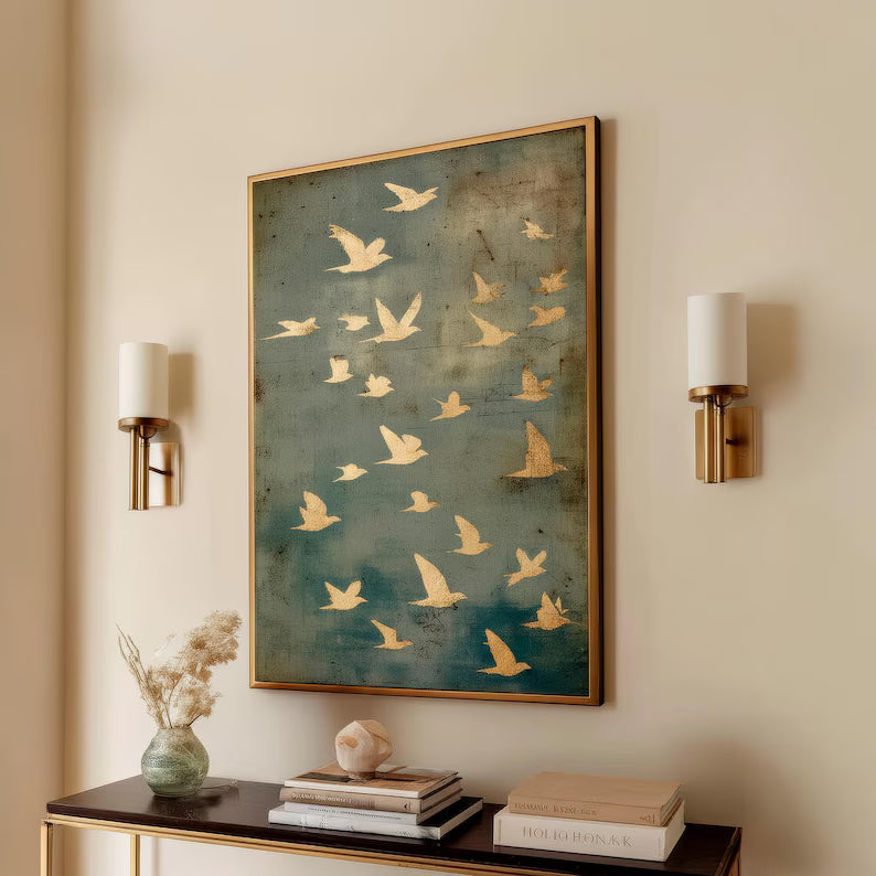 Large Gold Flying Birds Wall Art – Modern Abstract Nature Canvas for Living Room