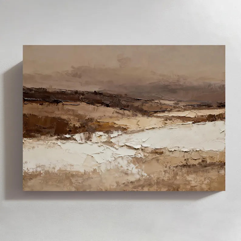 Neutral Abstract Landscape Wall Art – Modern Earth Tone Textured Canvas Painting for Living Room Decor