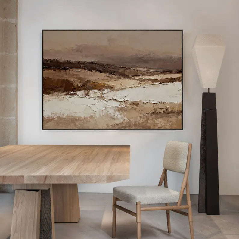 Neutral Abstract Landscape Wall Art – Modern Earth Tone Textured Canvas Painting for Living Room Decor