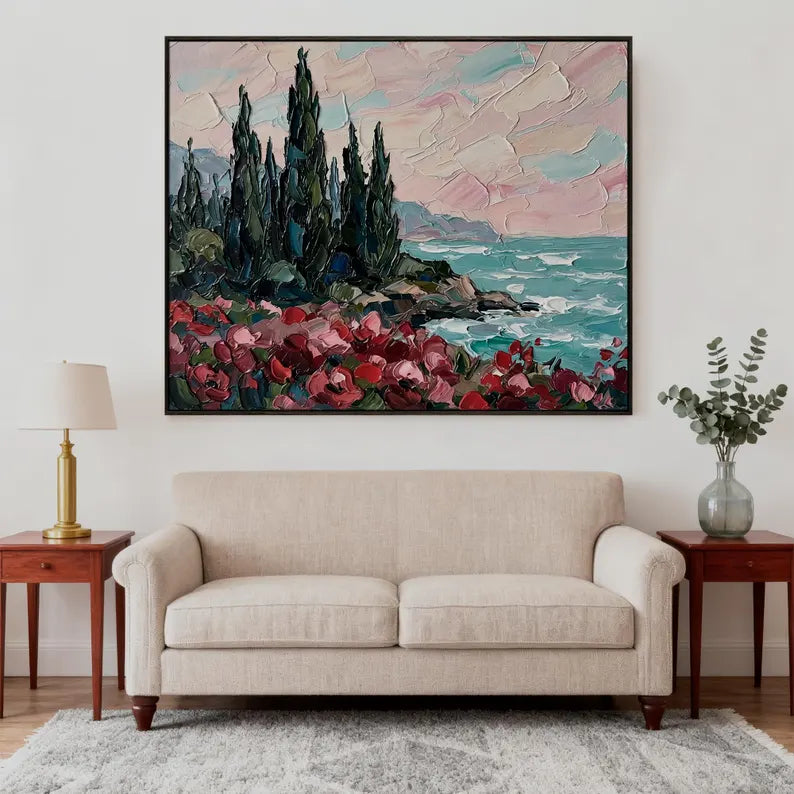 Coastal Flower Landscape Wall Art – Colorful Seaside Nature Canvas Painting for Living Room Decor