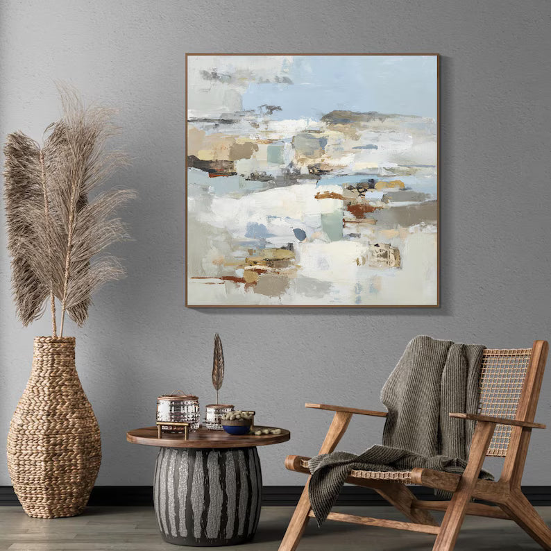 Large Neutral Abstract Landscape Wall Art – Modern Beige and Blue Canvas Painting for Living Room Decor