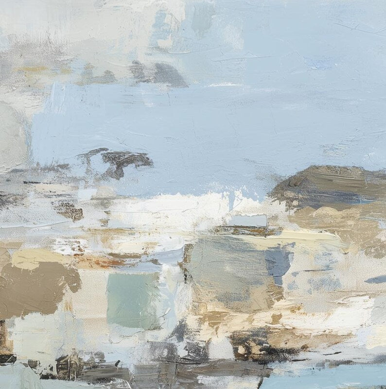 Large Neutral Abstract Landscape Wall Art – Modern Beige and Blue Canvas Painting for Living Room Decor