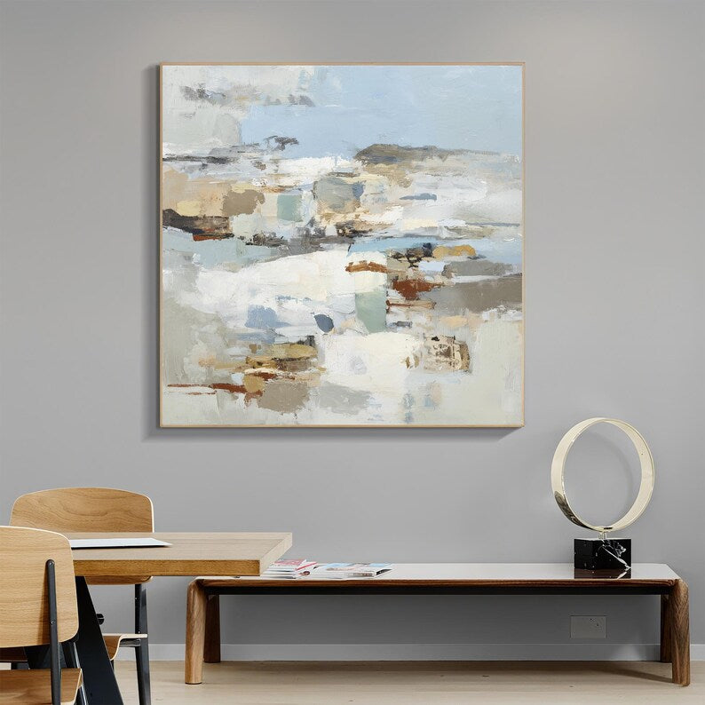 Large Neutral Abstract Landscape Wall Art – Modern Beige and Blue Canvas Painting for Living Room Decor