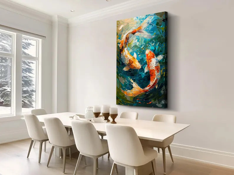 Large Koi Fish Wall Art – Colorful Abstract Koi Pond Canvas Painting for Living Room Decor