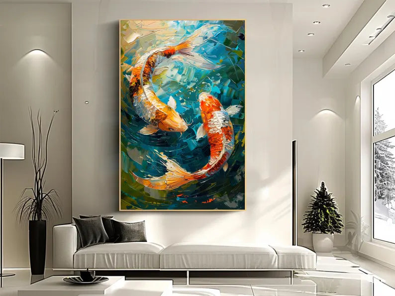 Large Koi Fish Wall Art – Colorful Abstract Koi Pond Canvas Painting for Living Room Decor