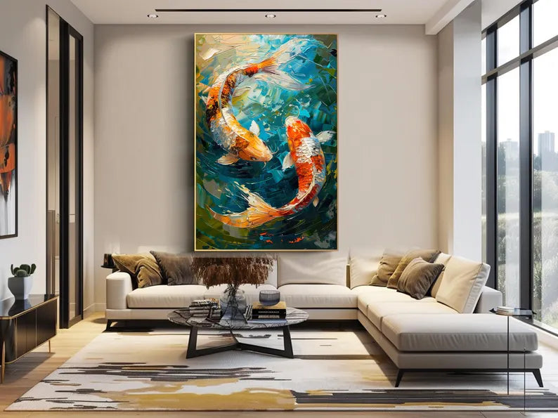 Large Koi Fish Wall Art – Colorful Abstract Koi Pond Canvas Painting for Living Room Decor