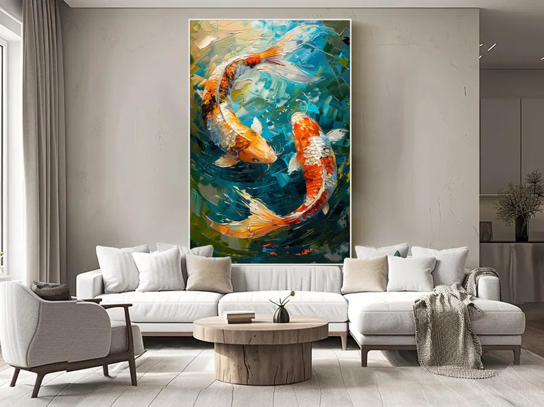 Large Koi Fish Wall Art – Colorful Abstract Koi Pond Canvas Painting for Living Room Decor