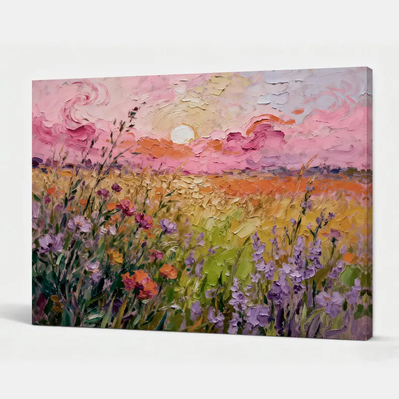 Large Wildflower Sunset Landscape Wall Art – Colorful Floral Field Oil Painting Canvas