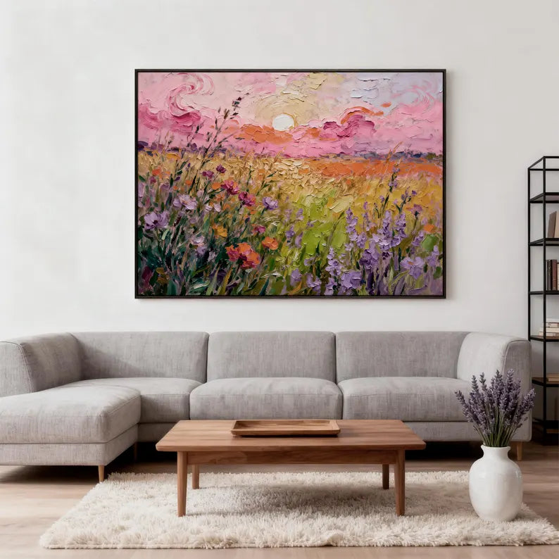Large Wildflower Sunset Landscape Wall Art – Colorful Floral Field Oil Painting Canvas