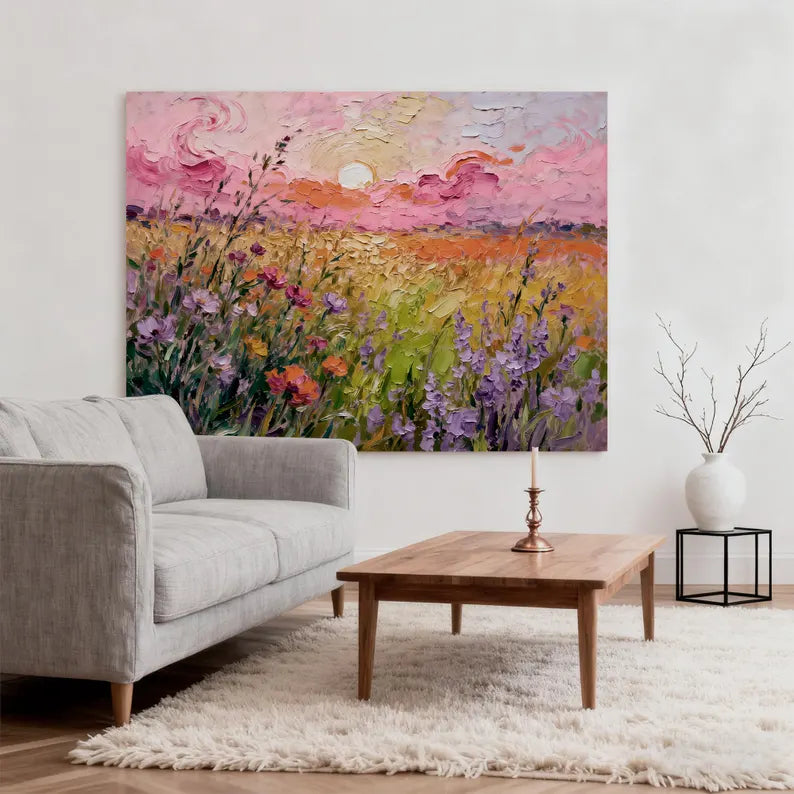 Large Wildflower Sunset Landscape Wall Art – Colorful Floral Field Oil Painting Canvas