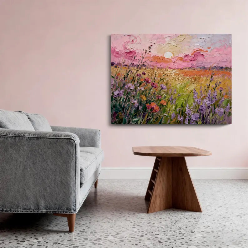 Large Wildflower Sunset Landscape Wall Art – Colorful Floral Field Oil Painting Canvas
