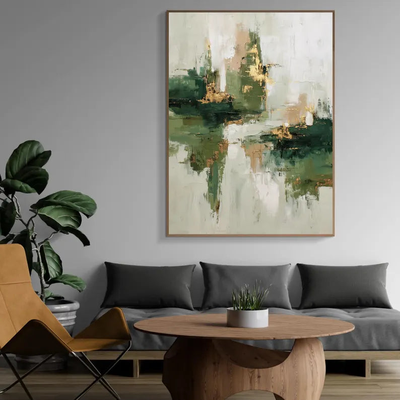 Large Green Abstract Landscape Wall Art – Modern Forest Tone Canvas Painting for Living Room Decor