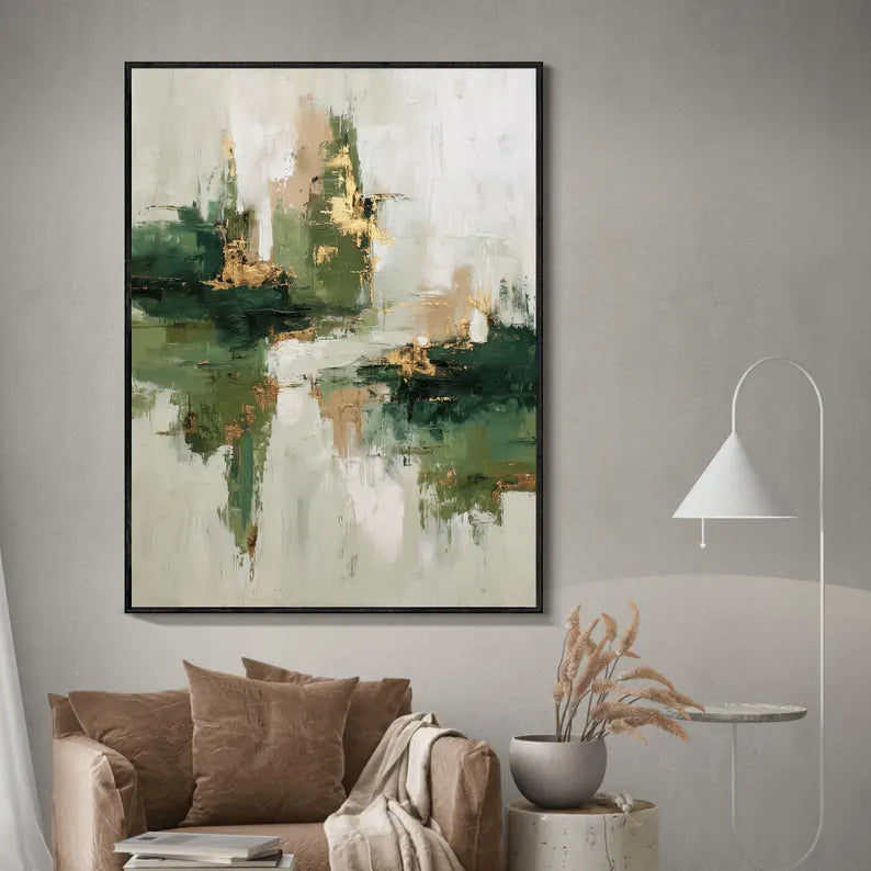 Large Green Abstract Landscape Wall Art – Modern Forest Tone Canvas Painting for Living Room Decor