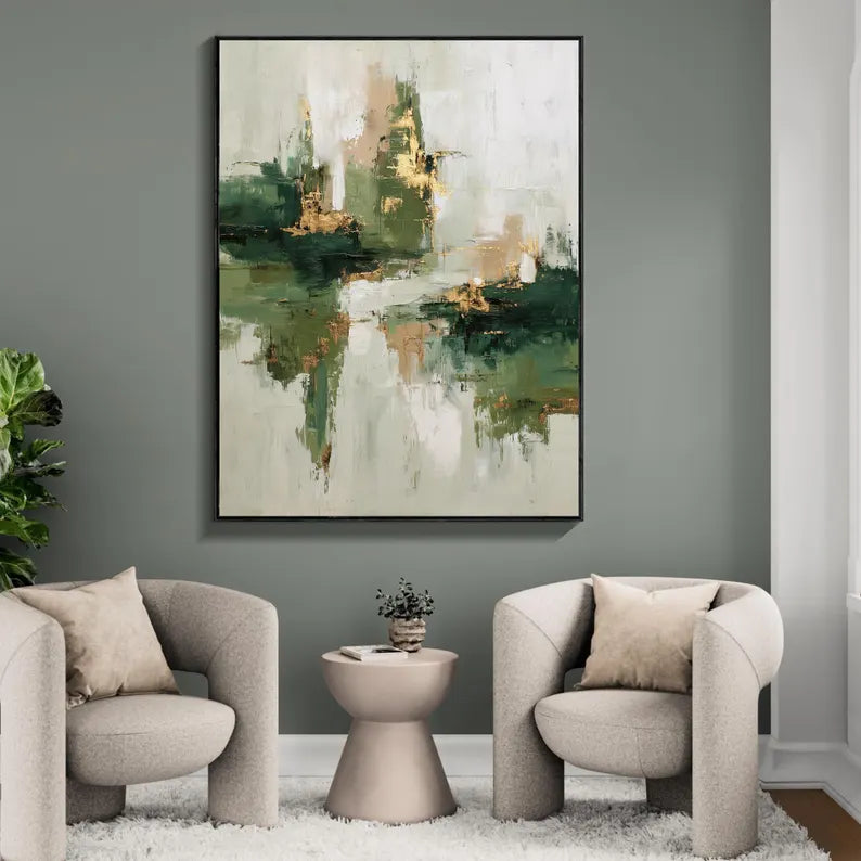 Large Green Abstract Landscape Wall Art – Modern Forest Tone Canvas Painting for Living Room Decor