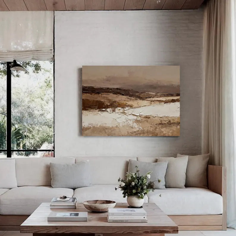 Neutral Abstract Landscape Wall Art – Modern Earth Tone Textured Canvas Painting for Living Room Decor
