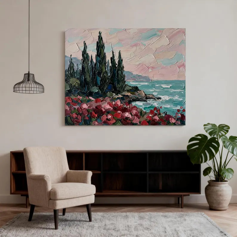 Coastal Flower Landscape Wall Art – Colorful Seaside Nature Canvas Painting for Living Room Decor