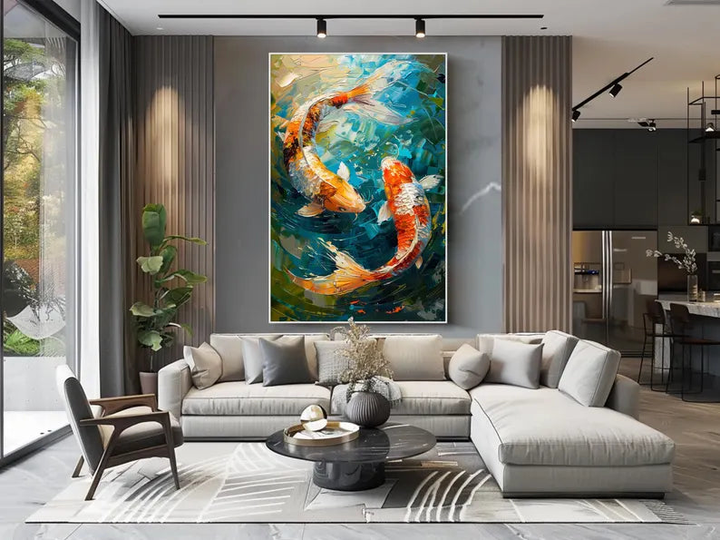 Large Koi Fish Wall Art – Colorful Abstract Koi Pond Canvas Painting for Living Room Decor