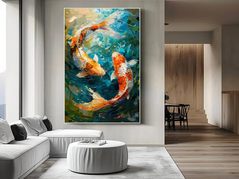 Large Koi Fish Wall Art – Colorful Abstract Koi Pond Canvas Painting for Living Room Decor