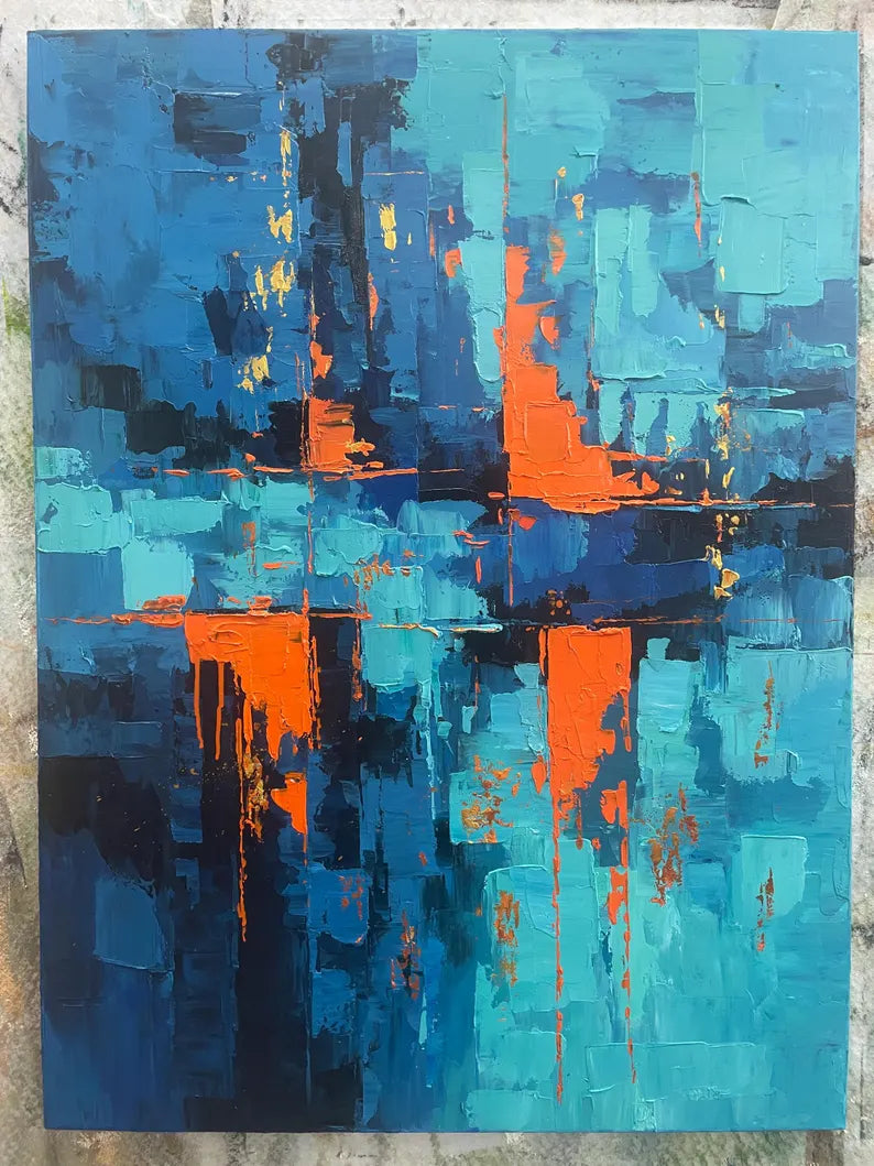 Blue and Orange Abstract Wall Art – Modern Textured Geometric Canvas Painting for Contemporary Living Room Decor