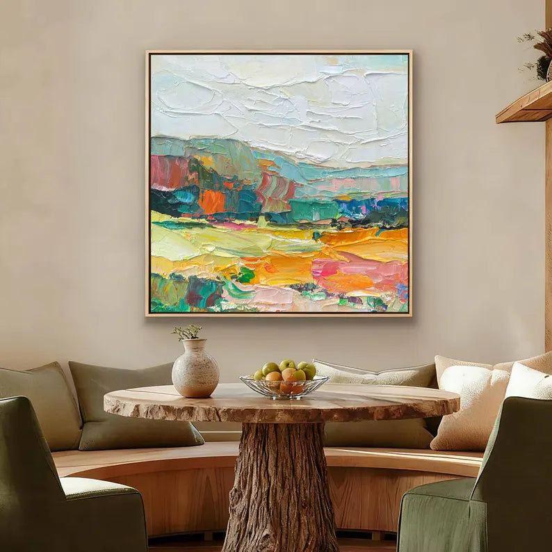 Colorful Textured Abstract Landscape Wall Art – Modern Palette Knife Canvas Painting for Living Room Decor
