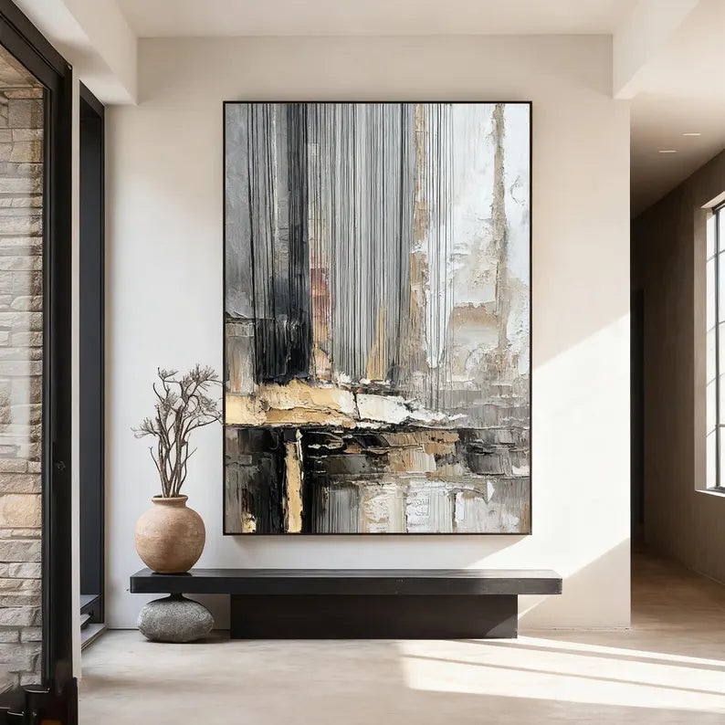 Large Neutral Textured Abstract Wall Art – Modern Vertical Canvas Painting for Contemporary Living Room Decor