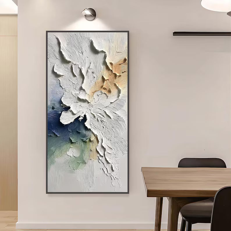 Large Textured Abstract Wall Art – Modern Neutral and Blue Relief Canvas Painting for Living Room Decor