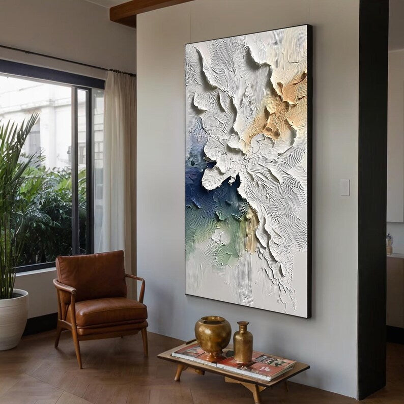 Large Textured Abstract Wall Art – Modern Neutral and Blue Relief Canvas Painting for Living Room Decor