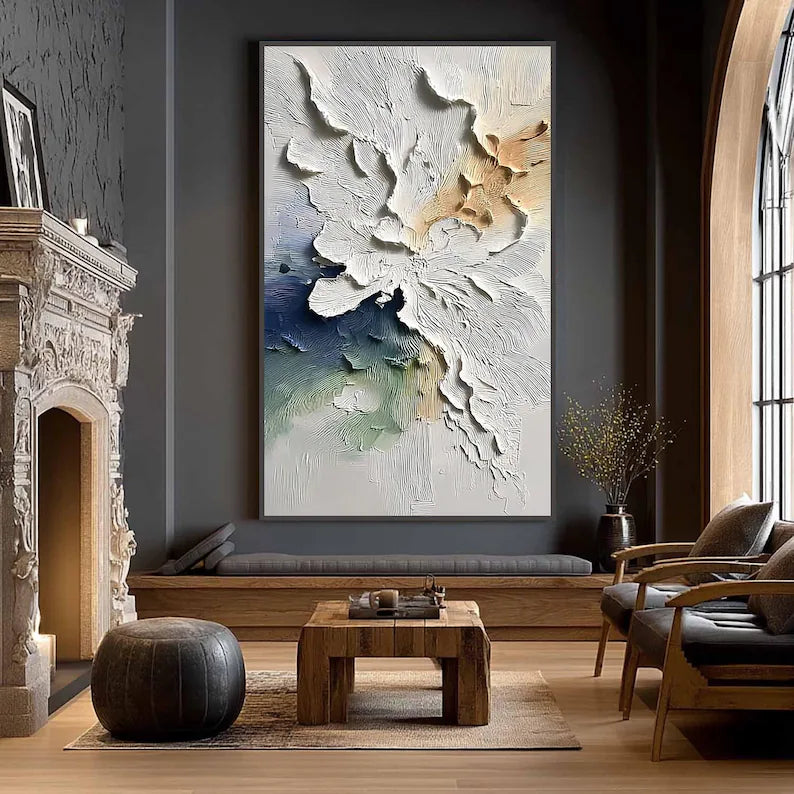 Large Textured Abstract Wall Art – Modern Neutral and Blue Relief Canvas Painting for Living Room Decor