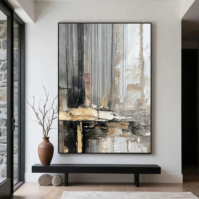Large Neutral Textured Abstract Wall Art – Modern Vertical Canvas Painting for Contemporary Living Room Decor