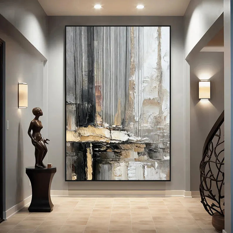 Large Neutral Textured Abstract Wall Art – Modern Vertical Canvas Painting for Contemporary Living Room Decor
