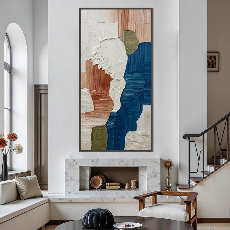 Large Textured Abstract Wall Art – Modern Neutral & Blue Palette Canvas Painting for Contemporary Living Room Decor