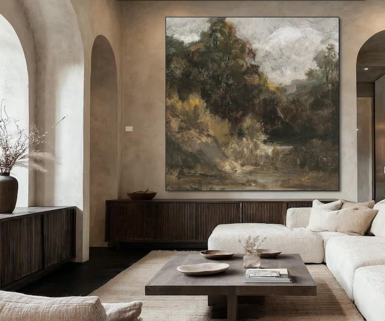 Large Abstract Forest Landscape Wall Art – Rustic Nature Oil Painting Canvas for Living Room