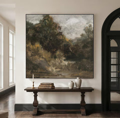 Large Abstract Forest Landscape Wall Art – Rustic Nature Oil Painting Canvas for Living Room