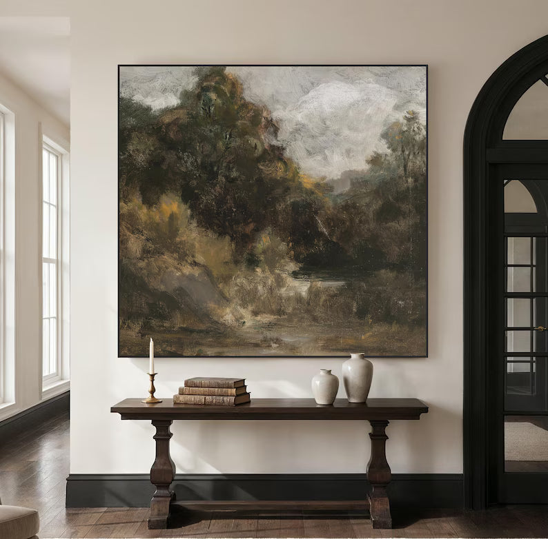 Large Abstract Forest Landscape Wall Art – Rustic Nature Oil Painting Canvas for Living Room
