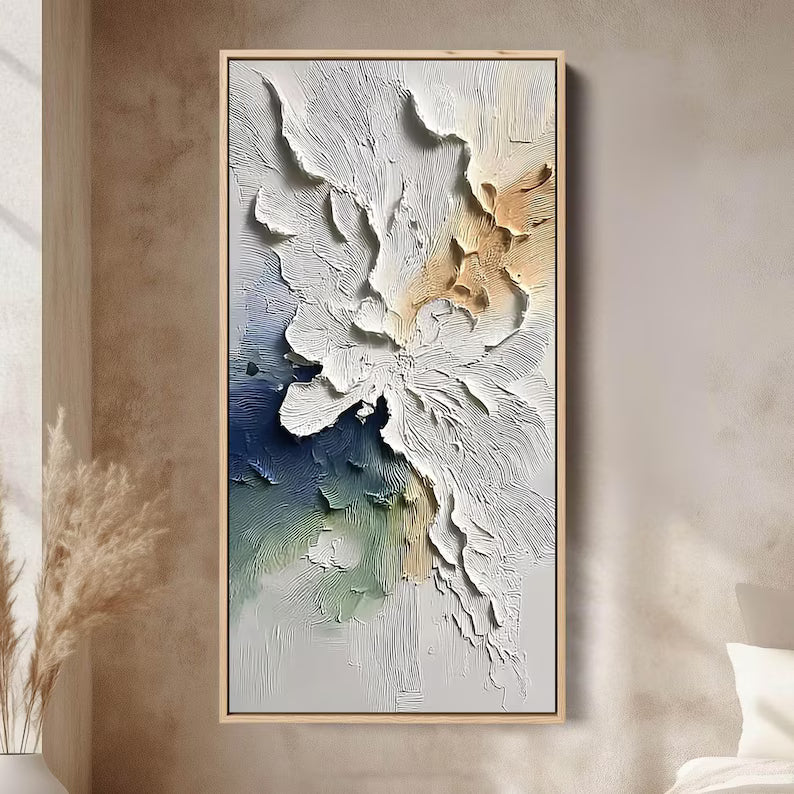 Large Textured Abstract Wall Art – Modern Neutral and Blue Relief Canvas Painting for Living Room Decor