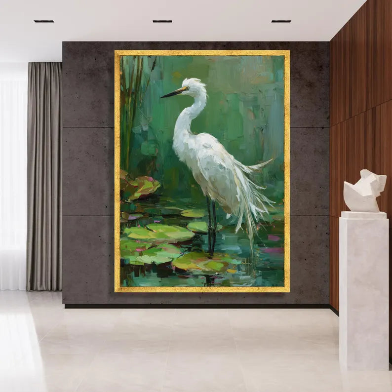 White Egret Bird Wall Art – Impressionist Nature Wildlife Canvas Painting for Living Room Decor
