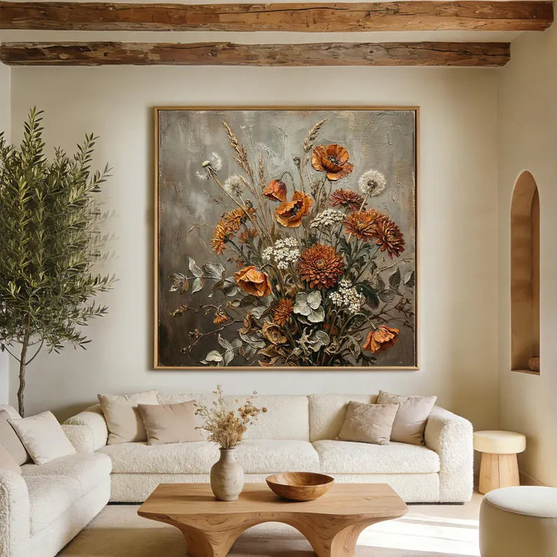 Rustic Wildflower Bouquet Oil Painting – Vintage Botanical Still Life Canvas Wall Art for Farmhouse & Cottage Decor