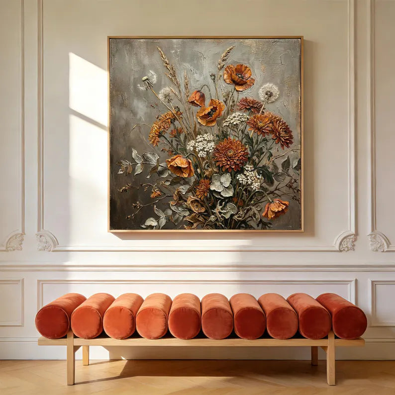 Rustic Wildflower Bouquet Oil Painting – Vintage Botanical Still Life Canvas Wall Art for Farmhouse & Cottage Decor