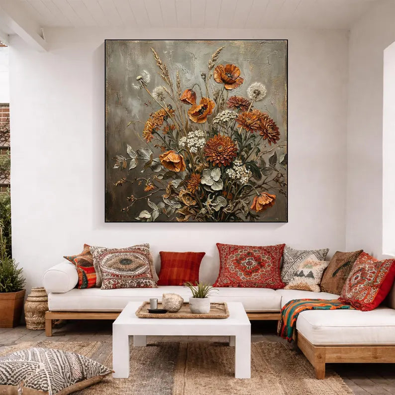 Rustic Wildflower Bouquet Oil Painting – Vintage Botanical Still Life Canvas Wall Art for Farmhouse & Cottage Decor