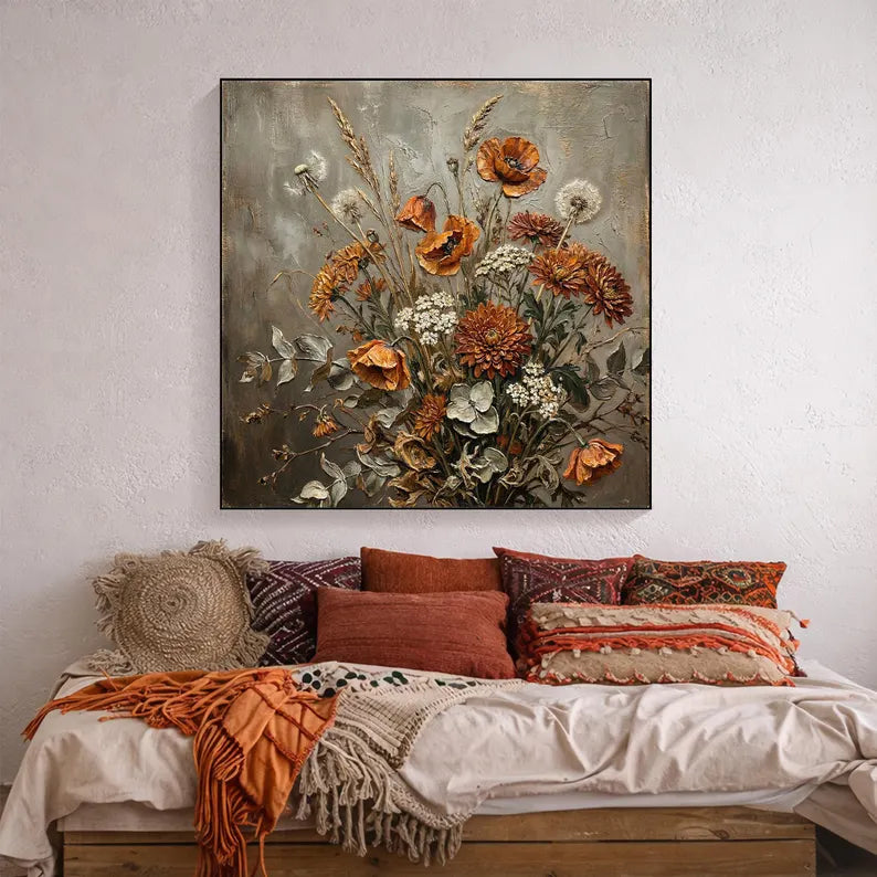 Rustic Wildflower Bouquet Oil Painting – Vintage Botanical Still Life Canvas Wall Art for Farmhouse & Cottage Decor