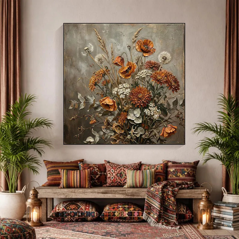 Rustic Wildflower Bouquet Oil Painting – Vintage Botanical Still Life Canvas Wall Art for Farmhouse & Cottage Decor