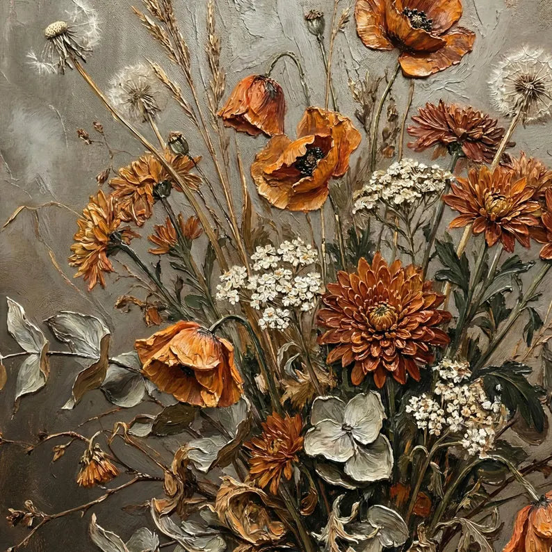 Rustic Wildflower Bouquet Oil Painting – Vintage Botanical Still Life Canvas Wall Art for Farmhouse & Cottage Decor