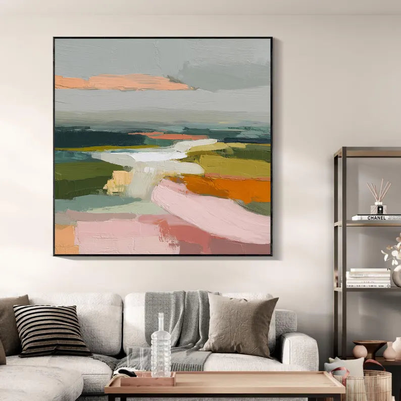 Colorful Abstract Landscape Wall Art – Modern Palette Knife Canvas Painting for Contemporary Living Room Decor