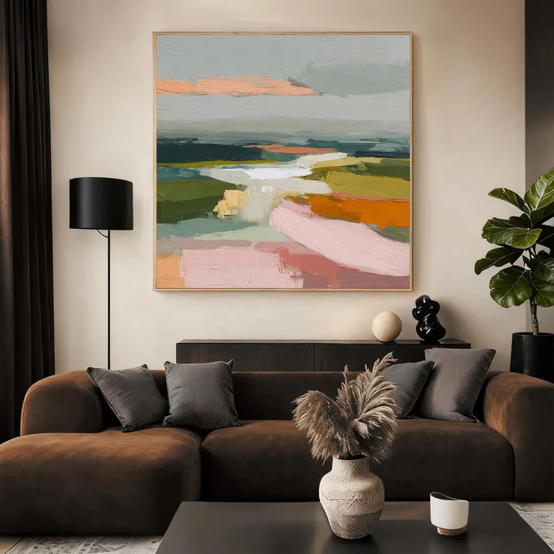 Colorful Abstract Landscape Wall Art – Modern Palette Knife Canvas Painting for Contemporary Living Room Decor