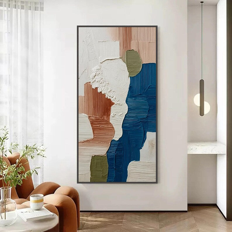 Large Textured Abstract Wall Art – Modern Neutral & Blue Palette Canvas Painting for Contemporary Living Room Decor