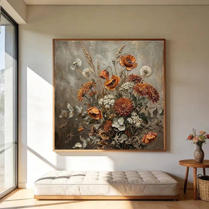 Rustic Wildflower Bouquet Oil Painting – Vintage Botanical Still Life Canvas Wall Art for Farmhouse & Cottage Decor